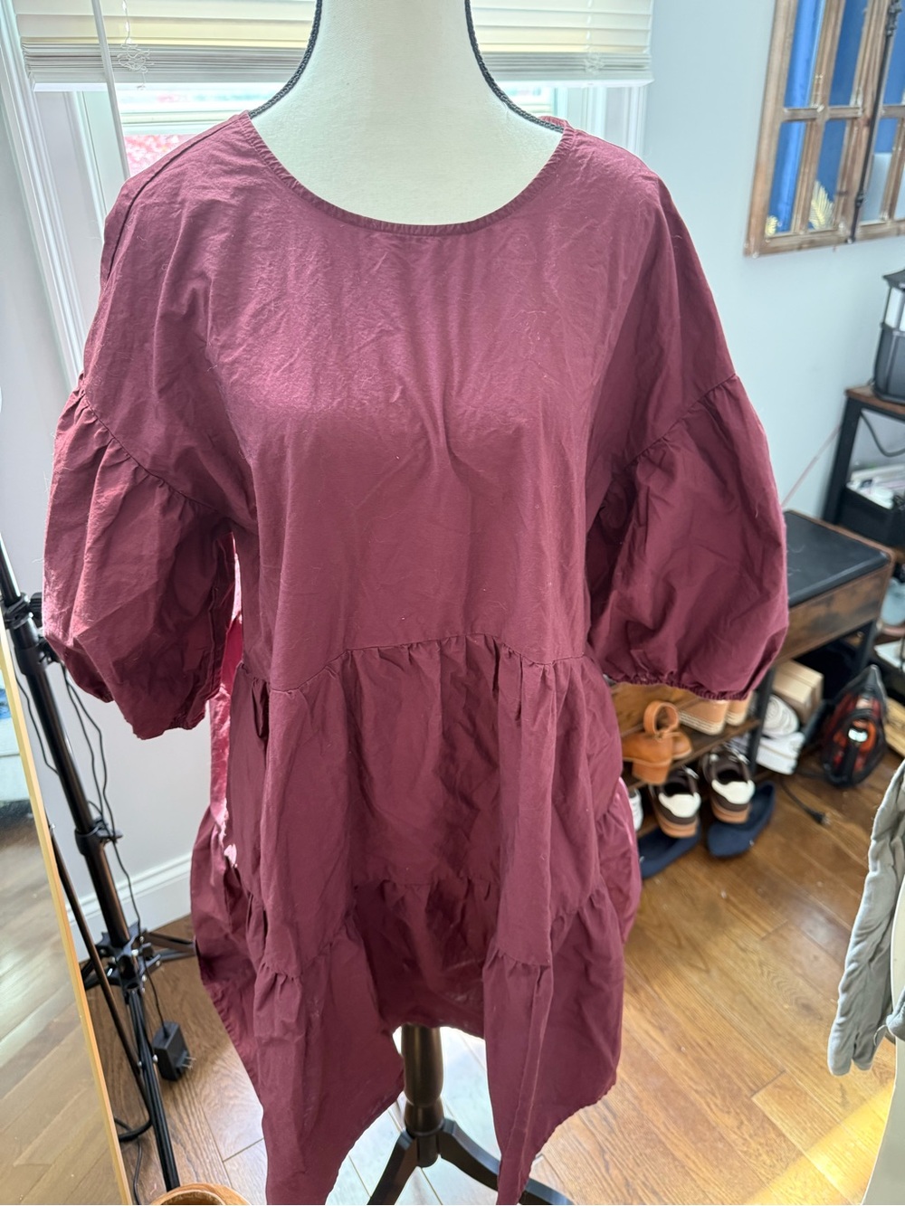 a new day Burgundy Cotton Puff-Sleeve Mini Dress Cottage Core Boho Size XL